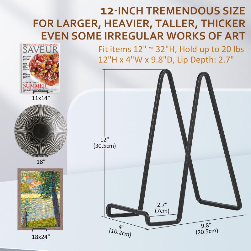DIDUDIDU Large Plate Holder Display Stand - 12 inch Super Tall Big Plate Stands for Heavy Duty Display - Metal Picture Frame Stand - Tabletop Easel Stand for Decorative Platter | Plaque | Book - 2 Pack - Black - Image 2
